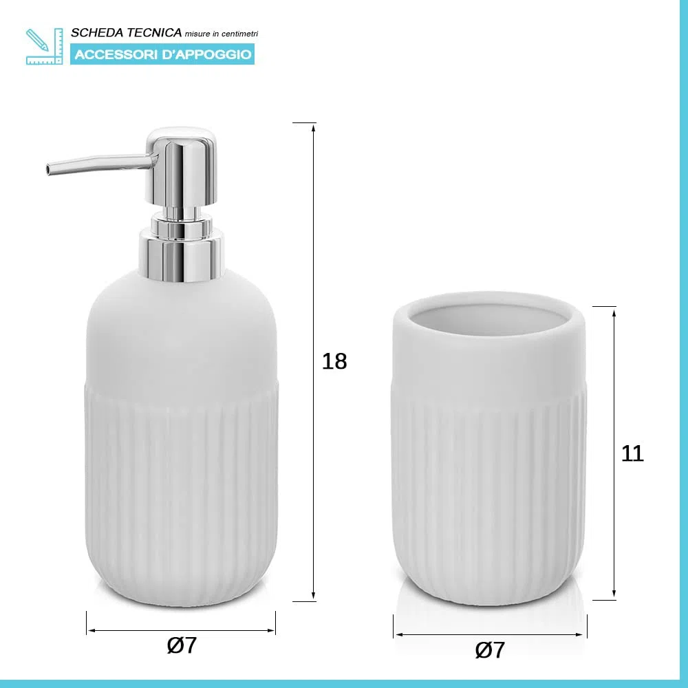 Accessori bagno da appoggio in set completo 3 pezzi, kit accessori appoggio con dispenser, portaspazzolini e porta saponetta, in ceramica, linea Cup