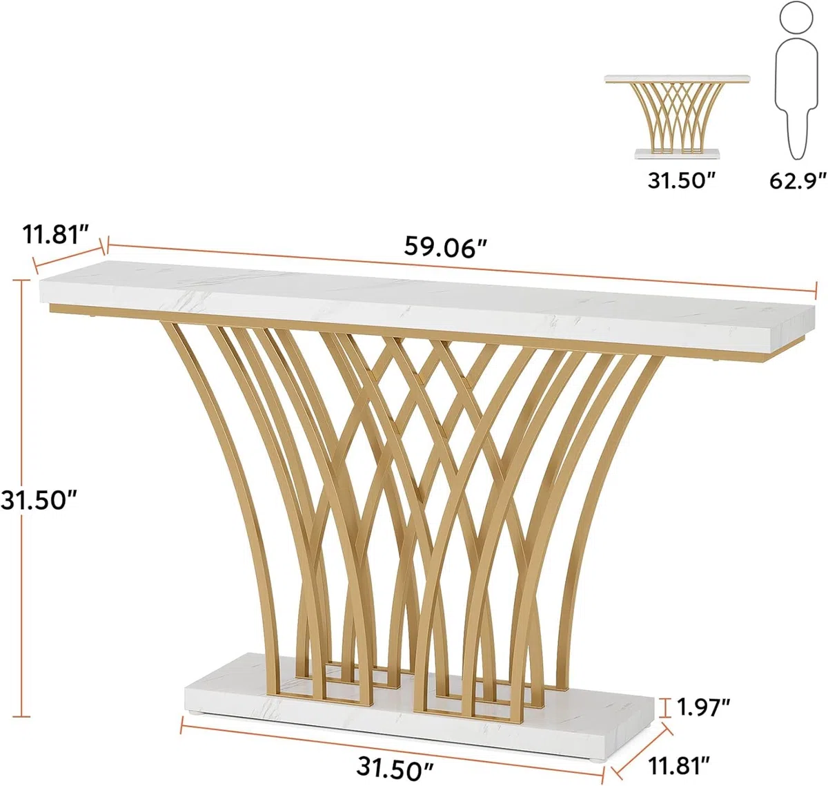Lailang 150cm Consolle Ingresso, Tavolo Stretto e lungo, Mobile ingresso Legno, Consolle dietro Divano, Mobiletto ingresso moderno, 150 x 30 x 80 cm, White Faux Marble & Gold