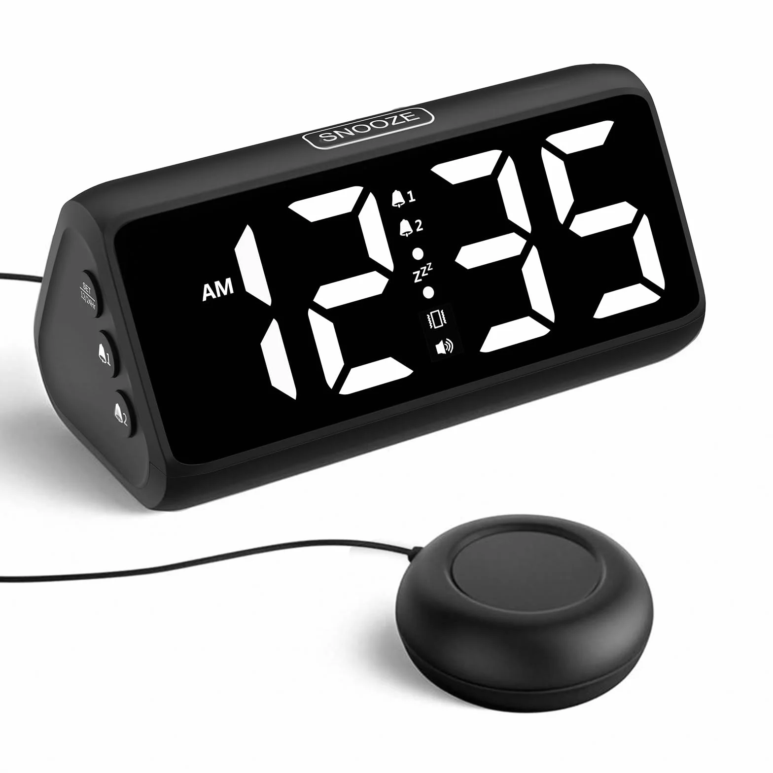 Sveglia forte per dormiente profondo, sveglia forte con vibrazione, doppio allarme, indicatore LED, 5 livelli di luminosità, 4 volumi, snooze, sveglia vibrante per anziani, adolescenti, non udenti