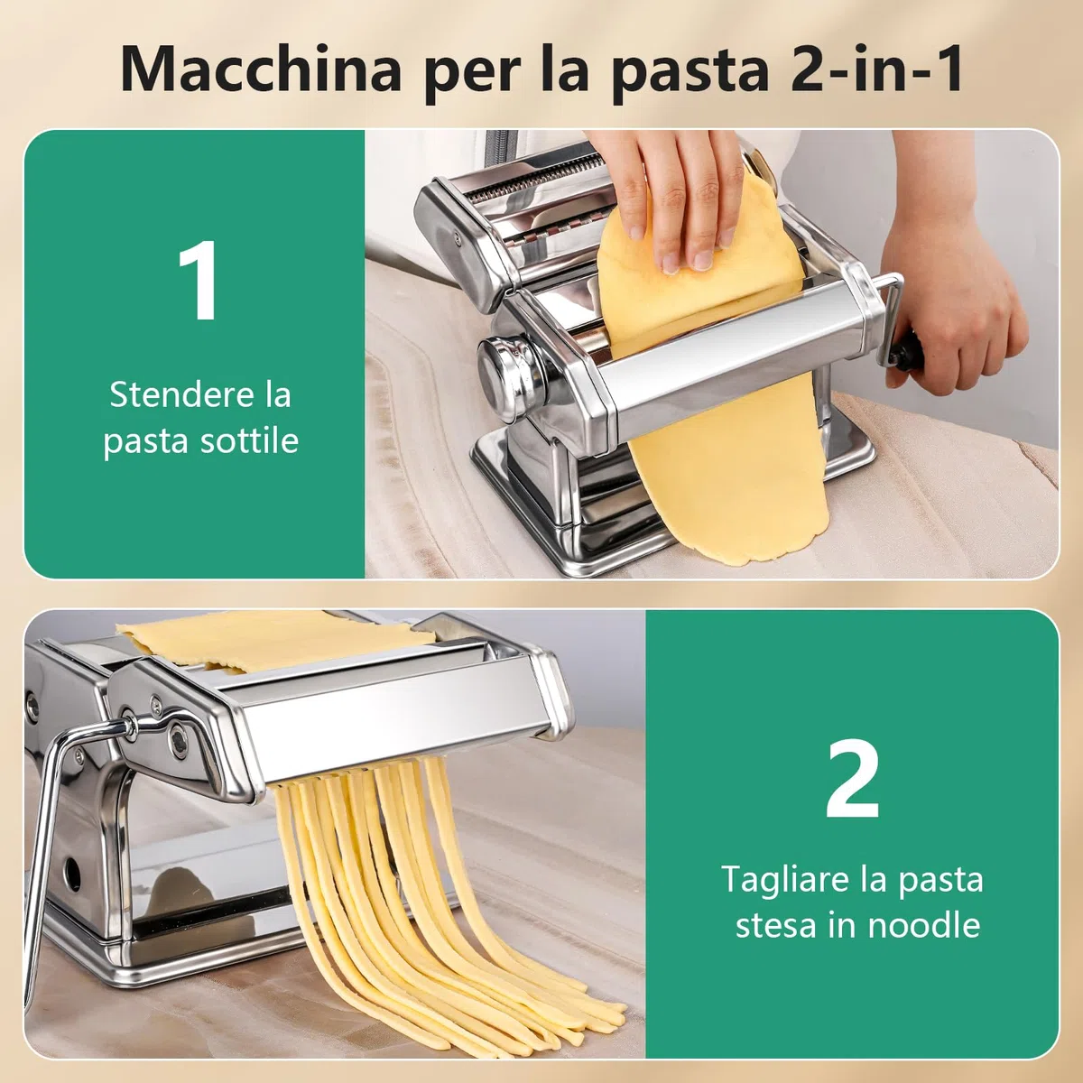 Macchina per la Pasta Manuale, Pasta Maker in Acciaio Inox con 7 Spessore Regolabili, Macchina per Pasta Fresca a Doppia Larghezza per Pasta, Spaghetti, Fettuccine, Lasagne