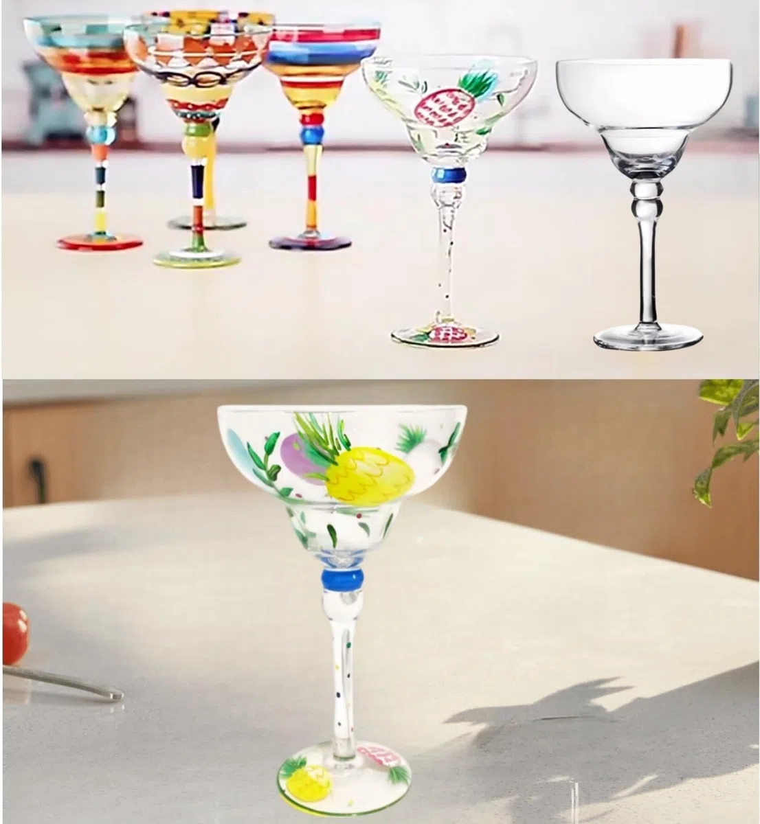 Bicchieri da margarita soffiati a mano, bicchieri da bar, bicchieri da cocktail, bicchieri per feste in casa, matrimoni, cristallini, con uccellini (pear)