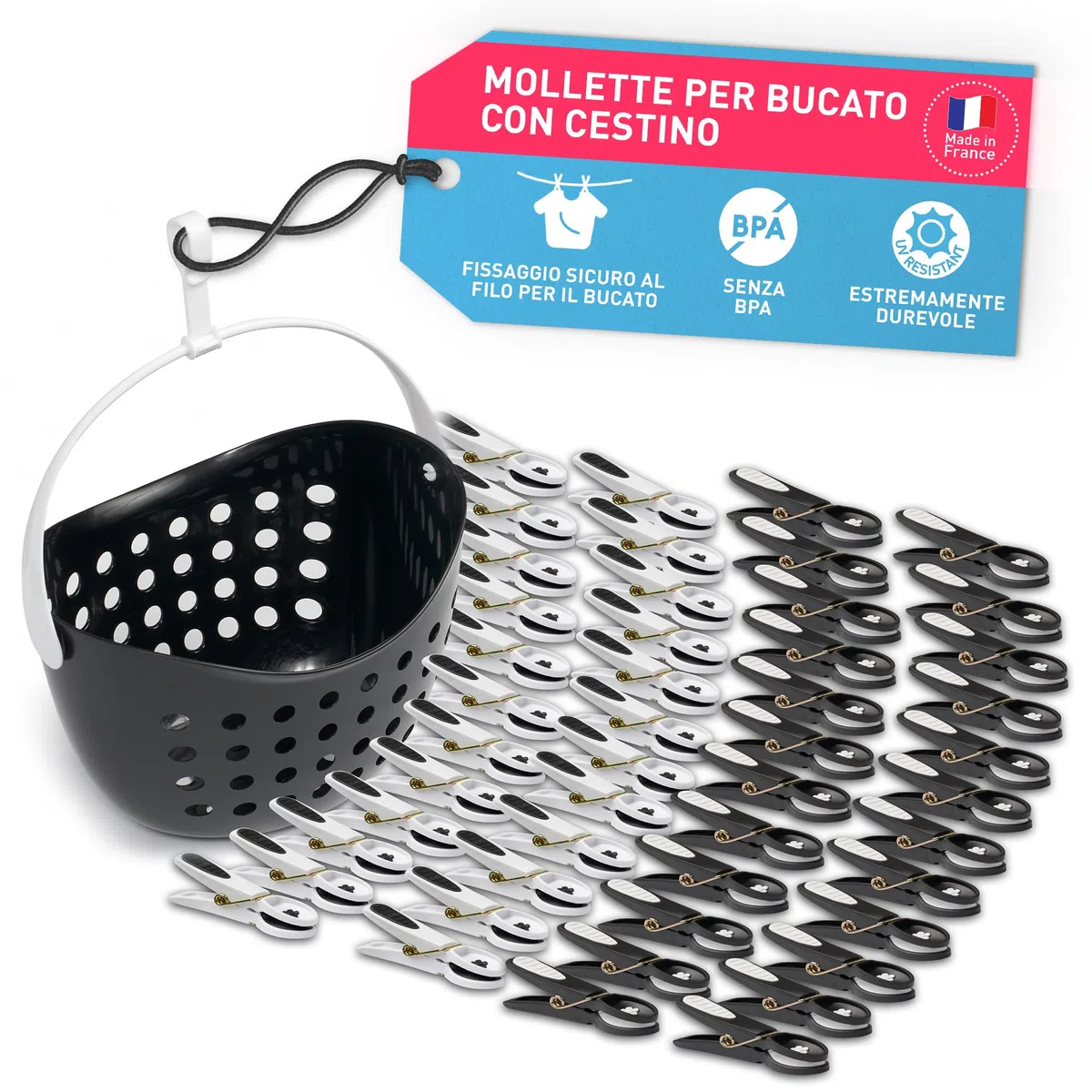 culiclean - Mollette da bucato premium, diversi modelli, Plastica, bianco e nero con cestino bianco e manico nero., 40 Stück+ 1 Korb