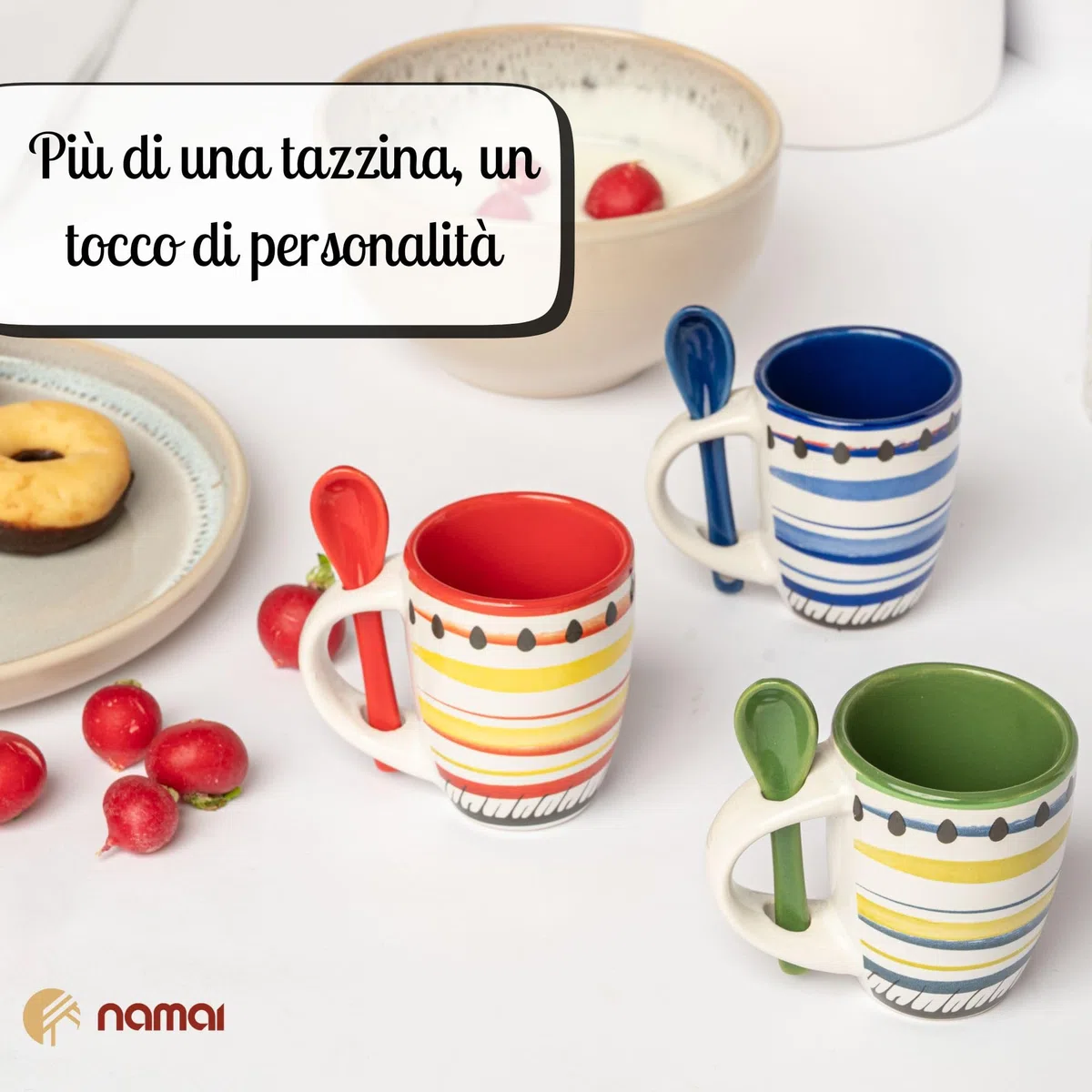 NAMAI - Set di 6 Tazzine Caffè Con Cucchiaino, 90 ML, Porcellana Resistente, Adatte in Lavastoviglie e Microonde, Colori Vivaci, Idea Regalo (Set 6 Tazzine con Cucchiaino)