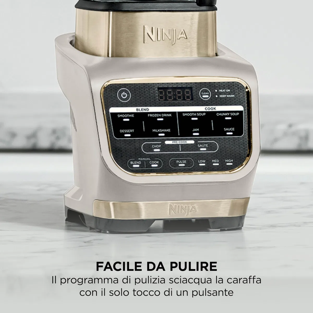 Ninja Foodi Frullatore Soup Maker, 1000W, caraffa in vetro 1,7L, 10 programmi, per cibo caldo e freddo, elemento riscaldante incorporato, programma di pulizia e spazzola, pietra oro, HB150EUSTGD
