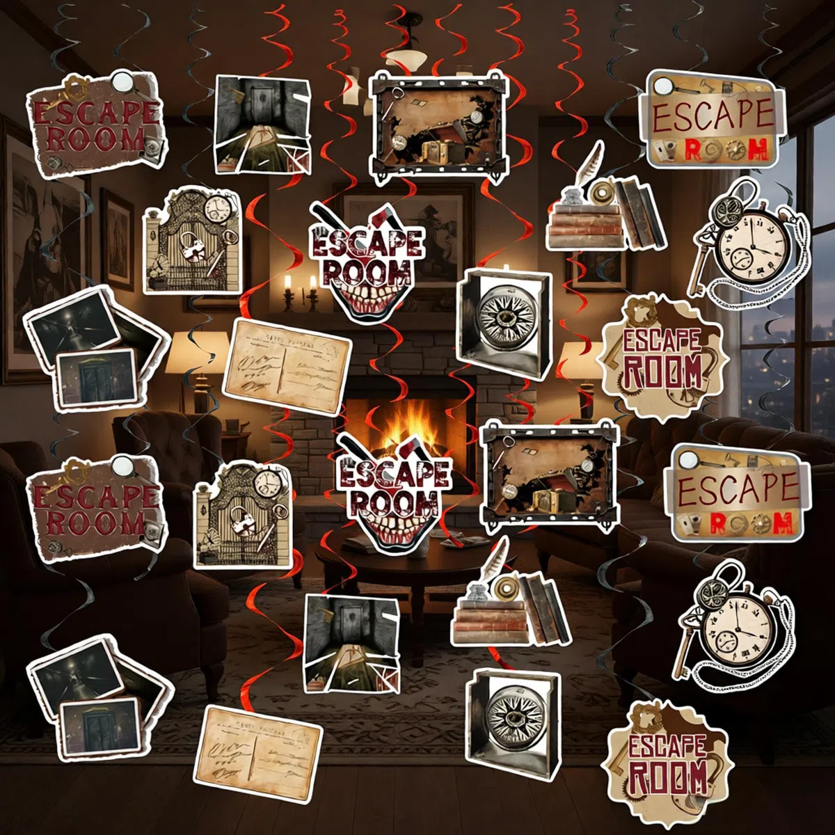 24 pezzi Escape Room appeso girelle Escape Room Spirale Soffitti Decorazioni da appendere per Escape Room Party Supplies Decorazioni Compleanno