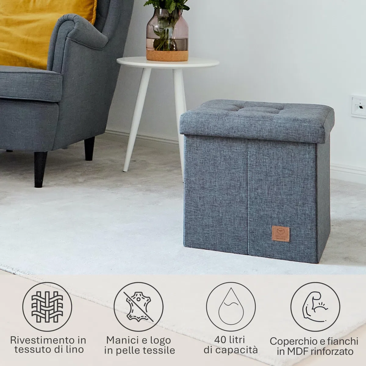 LOVE IT STORE IT Premium Pouf Contenitore Pieghevole - Cubo Sgabelli in Lino - Rinforzi In Legno - 38x38x38 cm - Grigio