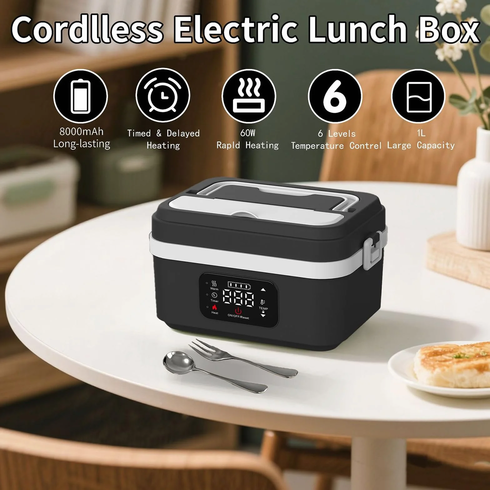 Scatola per il pranzo elettrica senza fili per adulti, 1 l 16000 mAh, ricaricabile, ciotola riscaldata, per il pranzo con riscaldamento automatico, per viaggi, ufficio, picnic (nero)