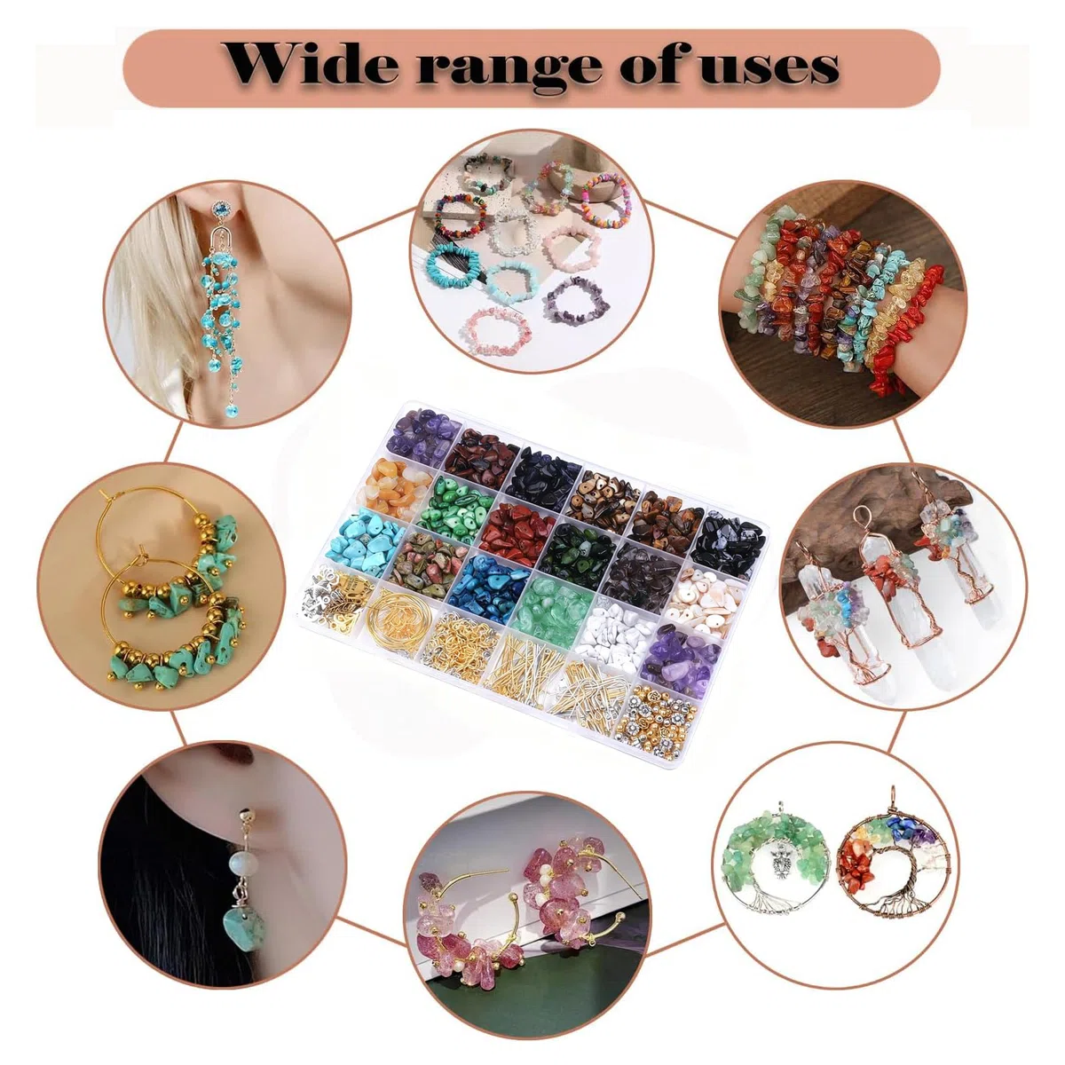 Set di 1180 perline di pietra naturale con foro, per bracciali, collane, orecchini e anelli da infilare (perline di ciottolo)