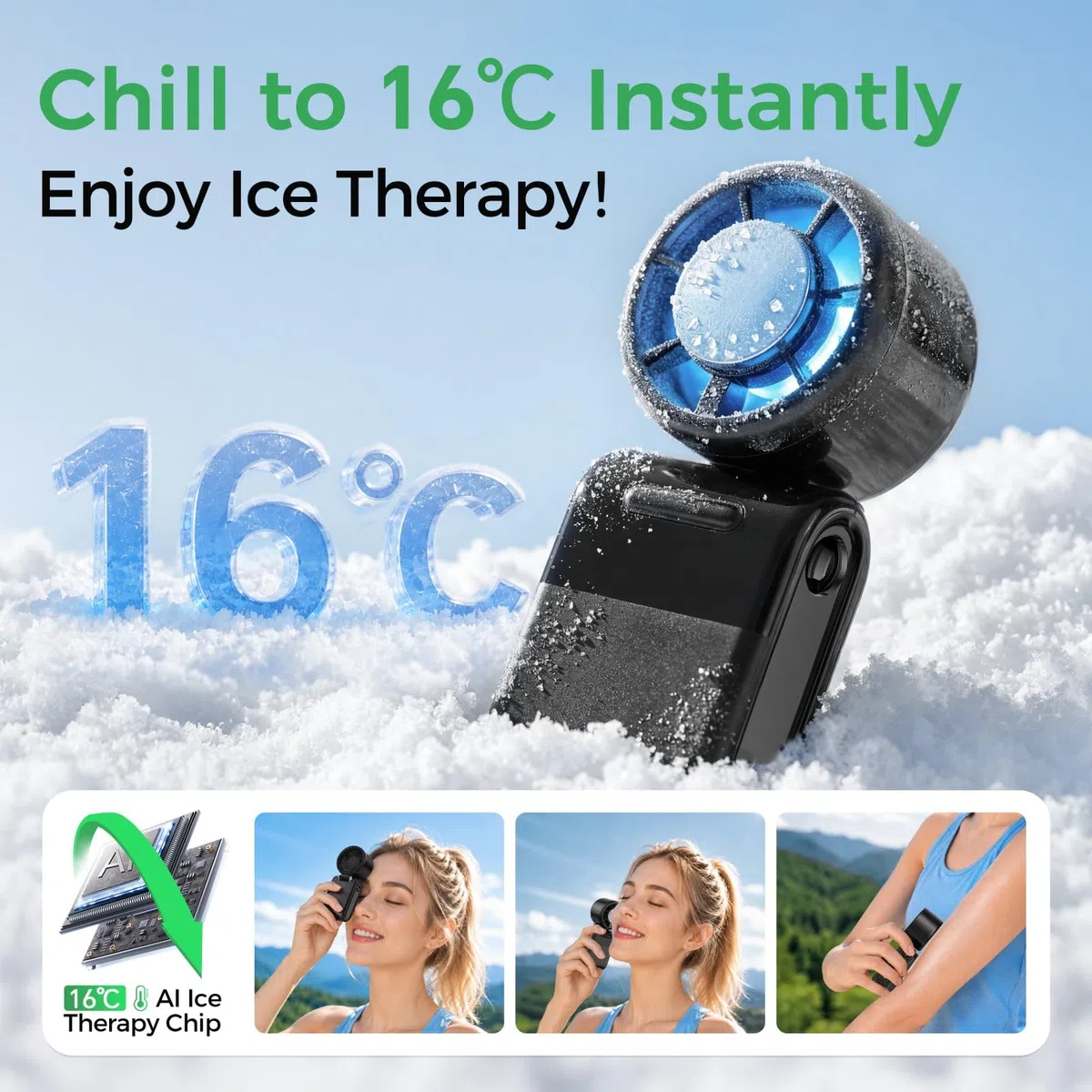 MERTTURM Ventilatore Portatile Funzione Ice Cooling a 16℃, 100 Livelli di Velocità e Potente Vento da 9,9 m/s, 3-in-1 Mano/Collo/Tavolo Mini USB Ventola per Viaggi, Campeggio e All'aperto, Nero