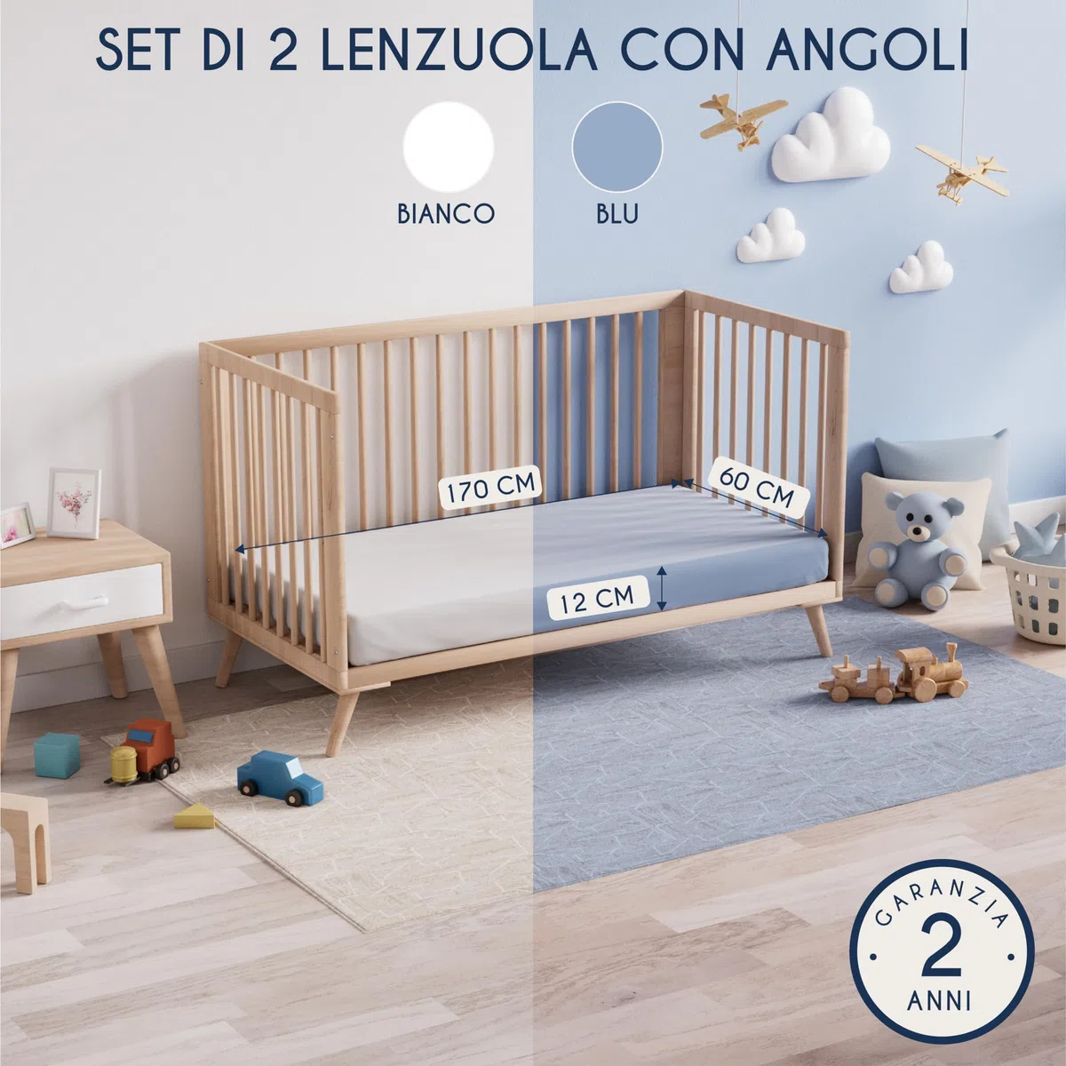 Dreamzie Set 2 Lenzuolo con Angoli Cotone Bambini - 70x140 - Oeko Tex certificato - Bianco E Blu - Lenzuolo Lettino 70x140