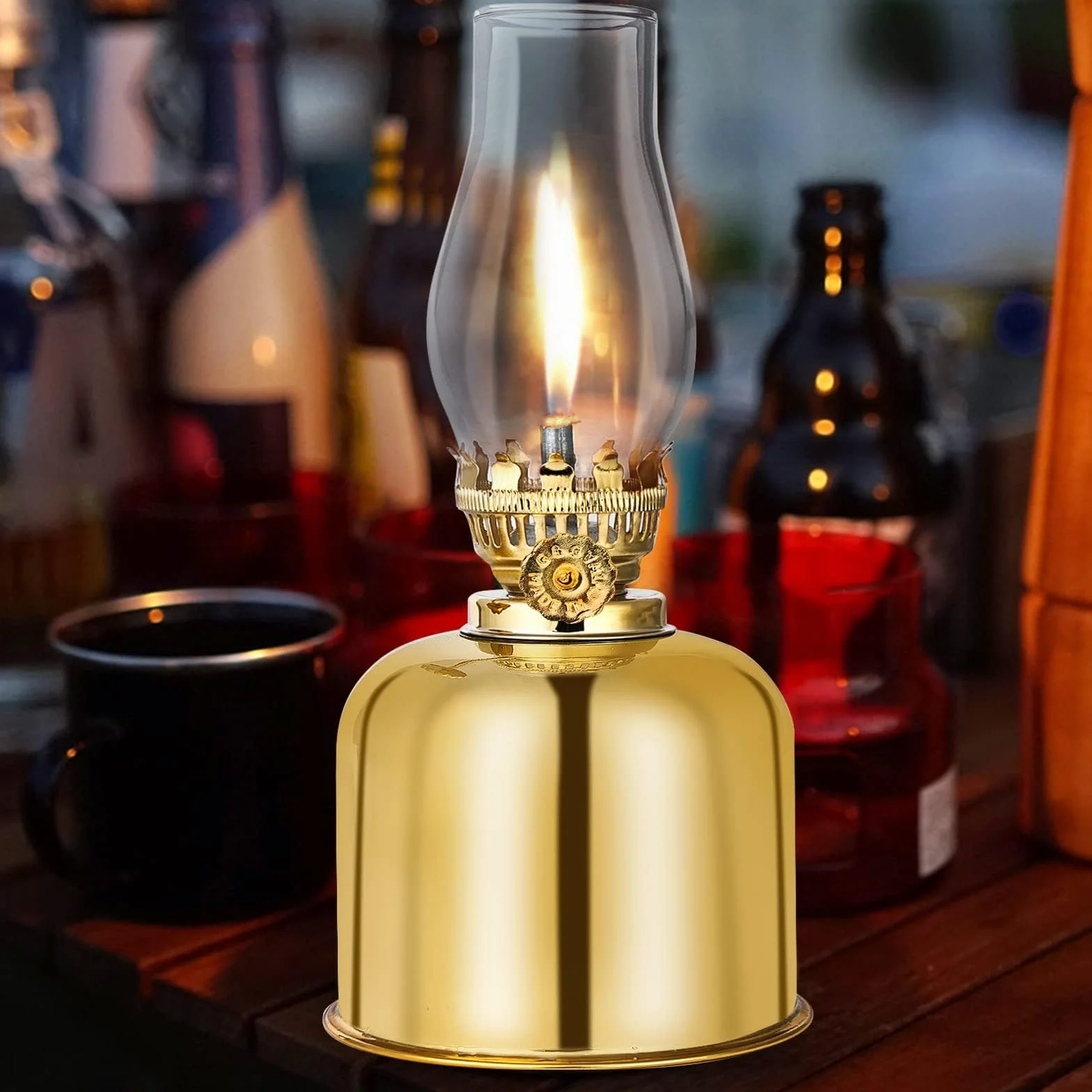Vegena Lampada a Petrolio, Lanterna in Metallo e Vetro, Antivento, Antica Vintage, Trasparente (Dorato)