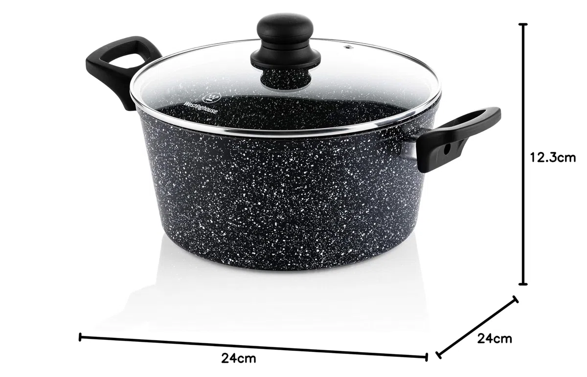 Westinghouse Pentola da 24 cm con coperchio in vetro, rivestimento antiaderente in marmo a 3 strati, in alluminio forgiato, adatta a induzione, manico con rivestimento in silicone, nero