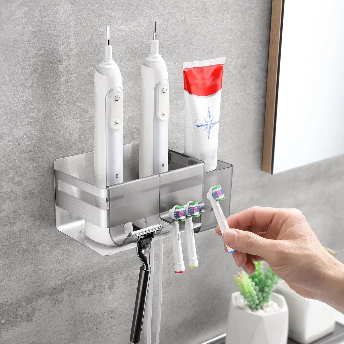 Portaspazzolino per spazzolino elettrico con 3 accessori da bagno, supporto per spazzolino in acciaio inossidabile da parete autoadesivo, supporto per testine argento senza foratura