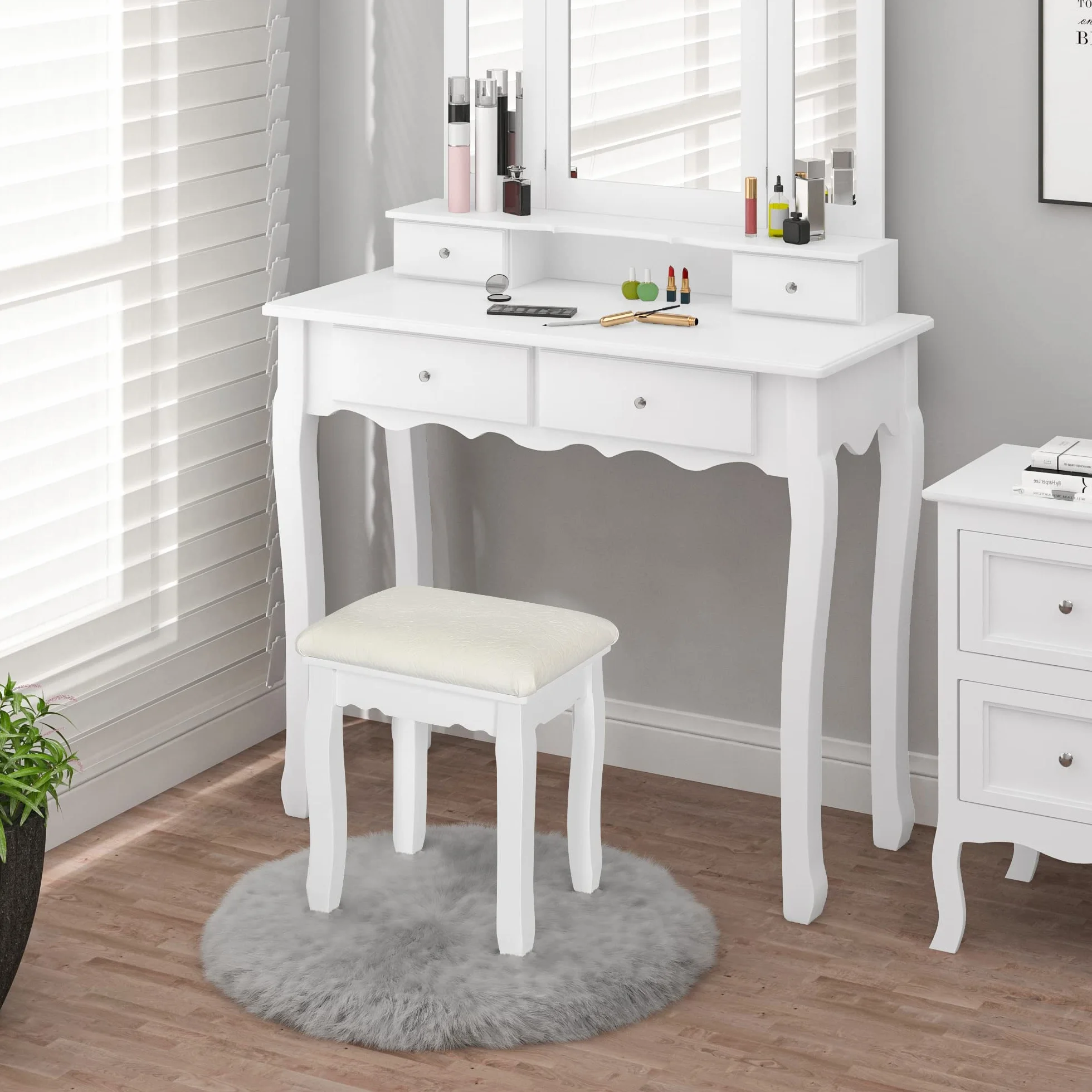 WOLTU Sgabello Bianco per Tavolo da Trucco, Sgabello in Legno Imbottito, Sedia da Make Up per Camera da Letto, Design Barocco， Rivestimento in Velluto, 37x28x44,5cm MB6095ws