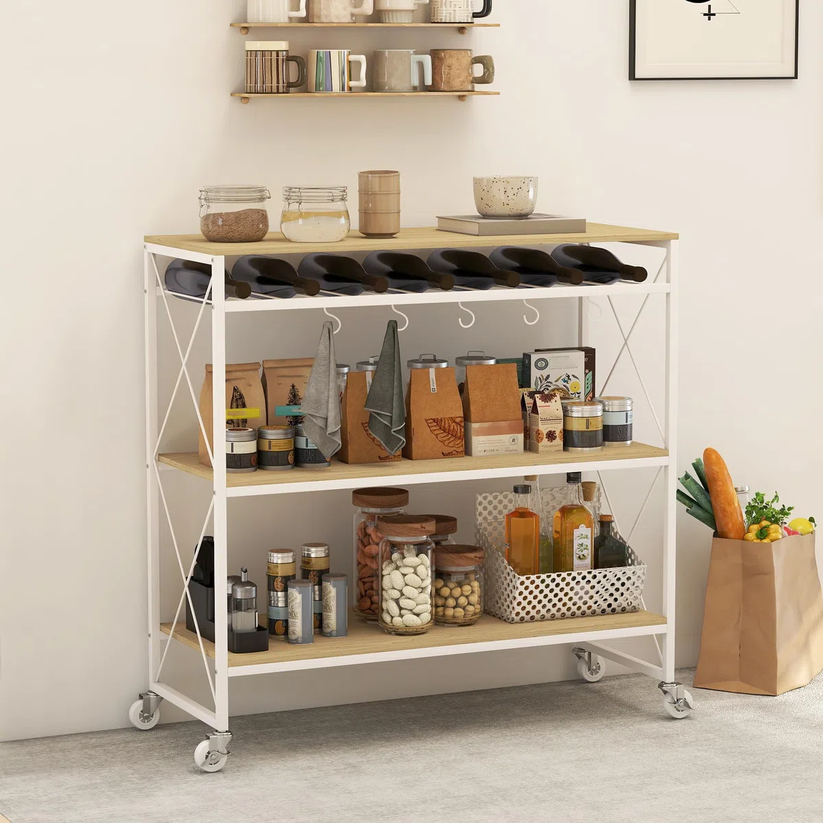 HOMCOM Carrello da Cucina a 4 Livelli con Portabottiglie e 5 Ganci Rimovibili, Carrello Portavivande Salvaspazio con Ruote a Freno in Legno e Metallo, 96.5x38x96.7 cm, Color Legno