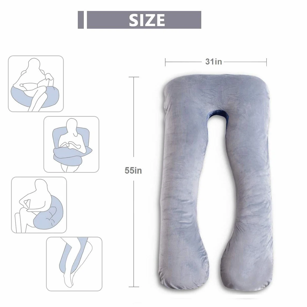 Cuscino per gravidanza, a forma di U, cuscino per allattamento, supporto e maternità per donne incinte con rivestimento in velluto rimovibile (grigio)