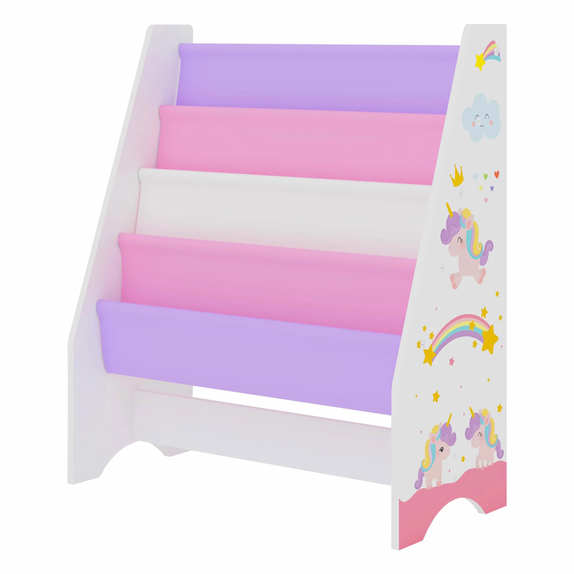 [en.casa] Scaffale per Cameretta con 4 Contenitori Morbidi a Scaletta - Mobile Porta Libri a Misura di Bimbi - Decorazione Unicorno - Rosa/Viola