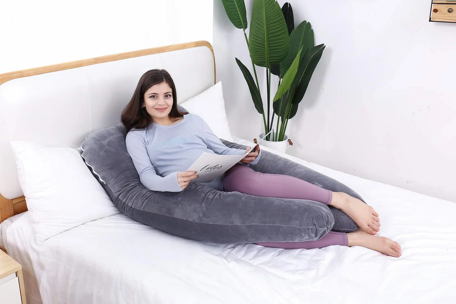 Cuscino per gravidanza, a forma di U, cuscino per allattamento, supporto e maternità per donne incinte con rivestimento in velluto rimovibile (grigio)