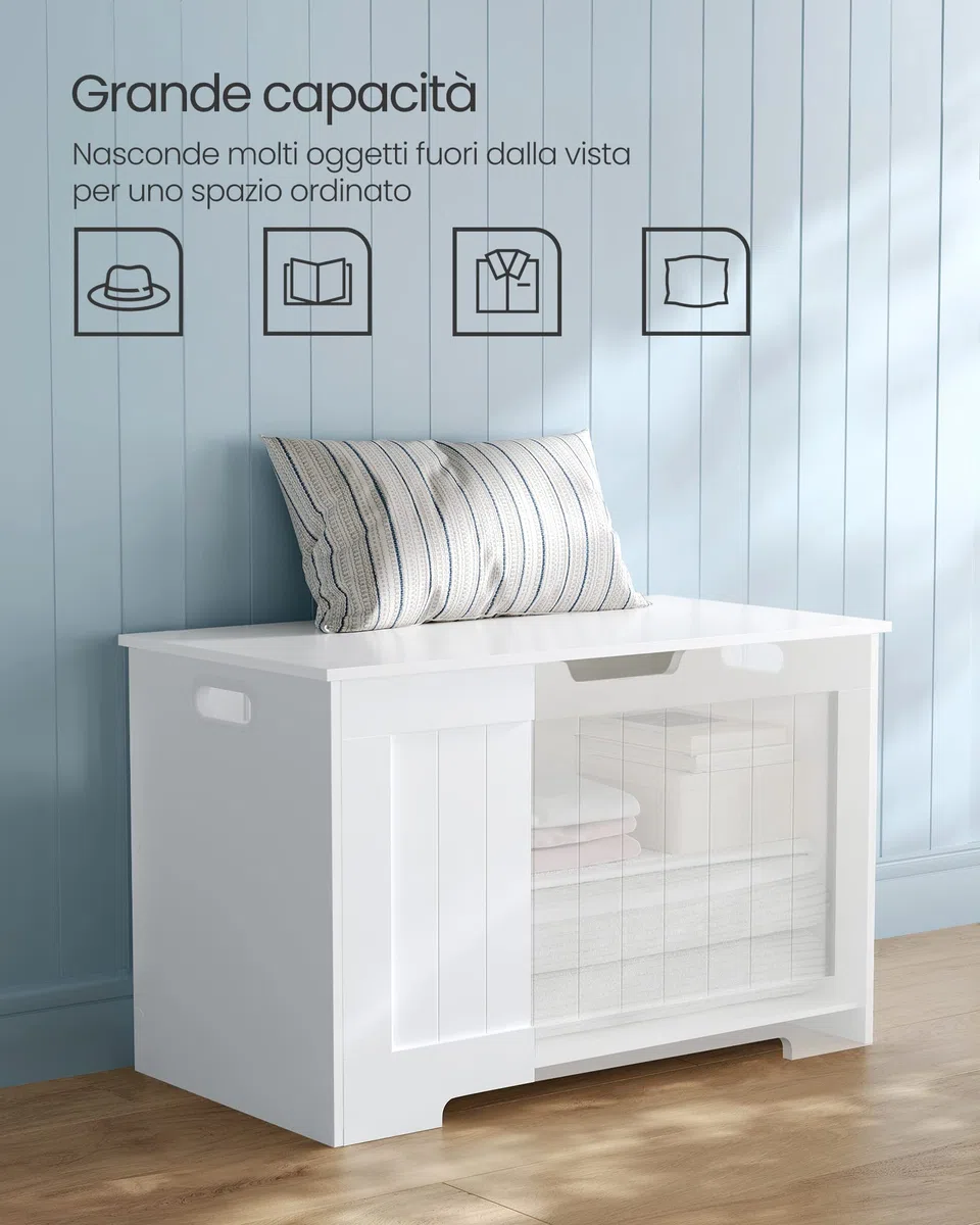 VASAGLE Cassapanca Contenitore, Panchina da Ingresso con 2 Cerniere di Sicurezza, Stile Rustico, 40 x 76 x 48 cm, per Ingresso, Camera da Letto, Soggiorno, Bianco Nuvola LHS11WT