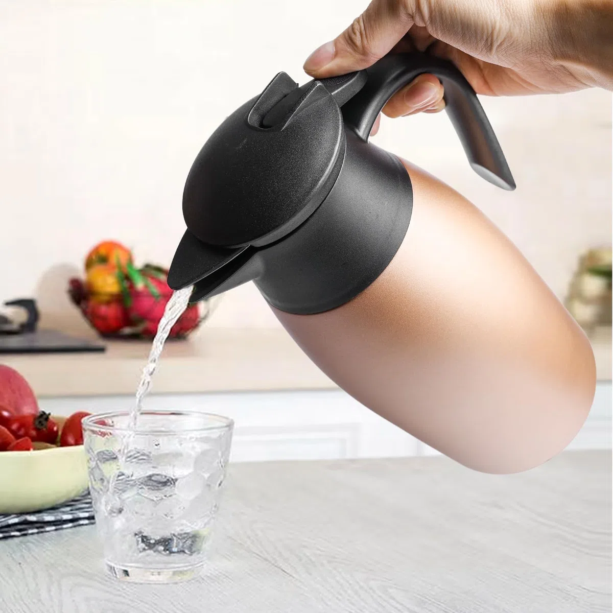 Thermos da 2 litri, thermos a doppia parete, isolamento sottovuoto, caffettiera isolata con manico e beccuccio, caffettiera per caffè caldo e freddo (colore oro rosa)