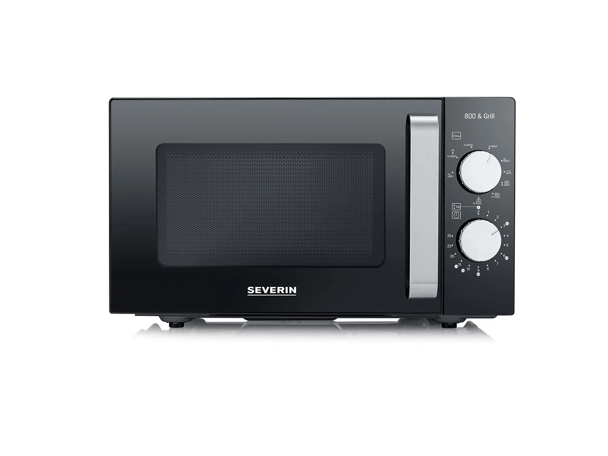 SEVERIN Forno a Microonde, 800W, 20 Litri, Fondo Piatto in Vetro, Senza Piatto Girevole, 6 Livelli Potenza, con Funzione Scongelamento, 46,5 x 39,5 x 27,5 cm, Nero/Acciaio Inox - MW 7761