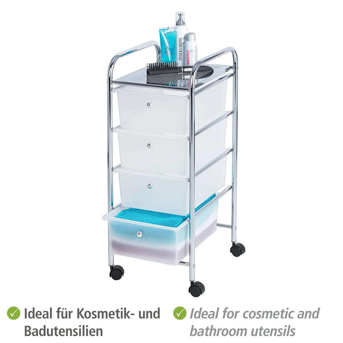WENKO Carrello per il bagno e la casa Messina - con rotelle, 4 cassetti, Acciaio, 33 x 80.5 x 39 cm, Cromo