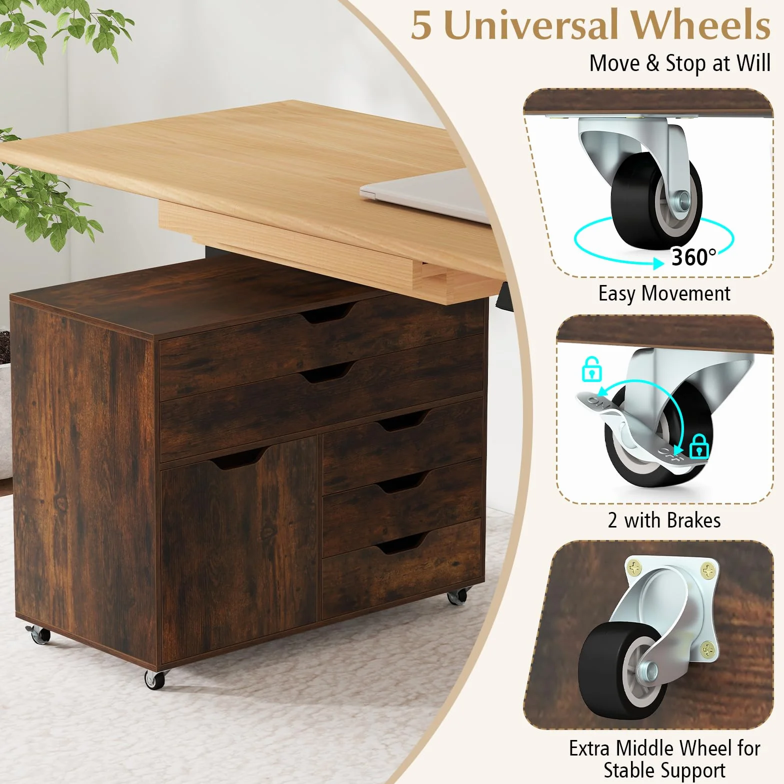 KOMFOTTEU Armadietto portaoggetti, 5 cassetti in 2 dimensioni, scatola portaoggetti mobile con armadio ad ante, mobile da ufficio, 5 ruote universali, 77,5 x 40 x 64 cm (industriale)