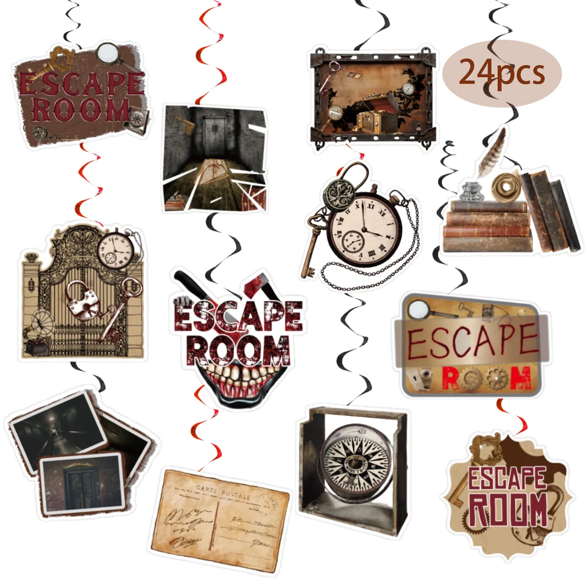 24 pezzi Escape Room appeso girelle Escape Room Spirale Soffitti Decorazioni da appendere per Escape Room Party Supplies Decorazioni Compleanno