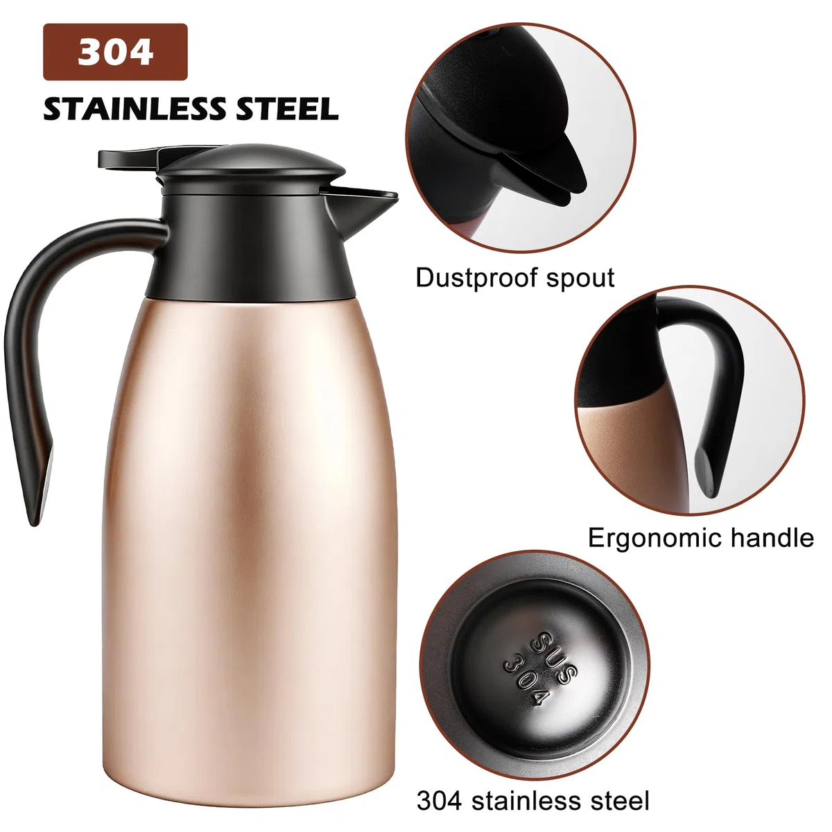 Thermos da 2 litri, thermos a doppia parete, isolamento sottovuoto, caffettiera isolata con manico e beccuccio, caffettiera per caffè caldo e freddo (colore oro rosa)