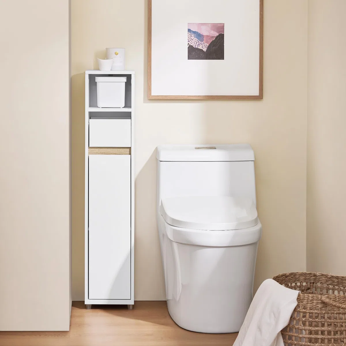 SoBuy Mobiletto Bagno Salvaspazio Colonna Stretta Armadietto Bagno con Cassetto & Ripiano Regolabile per Spazi Stretti WC Piccoli Bianco 20x20x96cm BZR151-W