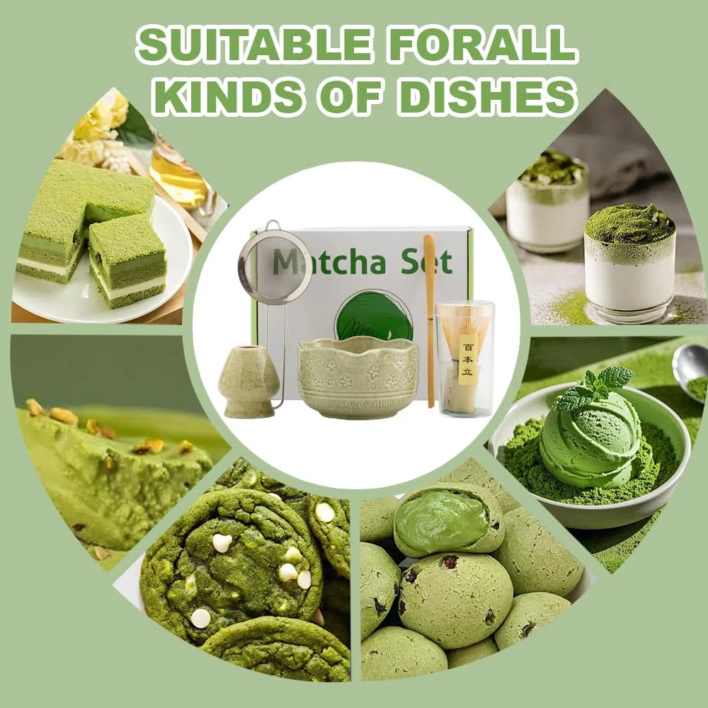 5 Pezzi Matcha Kit, Matcha Set con Frusta Macha e Supporto per Frusta, Ciotola con Beccuccio, Cucchiaio Macha, Colino, Adatto per la Casa, l'Ufficio e Come Regalo