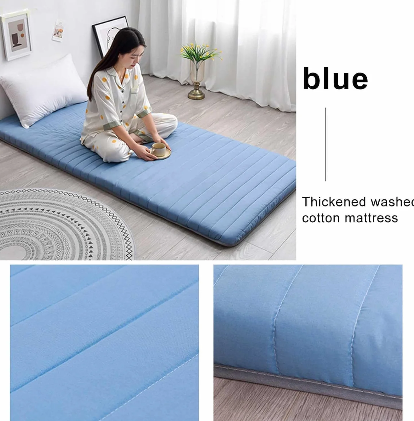 Materassino giapponese per tatami pieghevole, con borsa sottovuoto riutilizzabile, in cotone, design arrotolabile, per rilassarsi, letto per ospiti, campeggio, dormitorio studentesco, blu, 90 x 190 cm