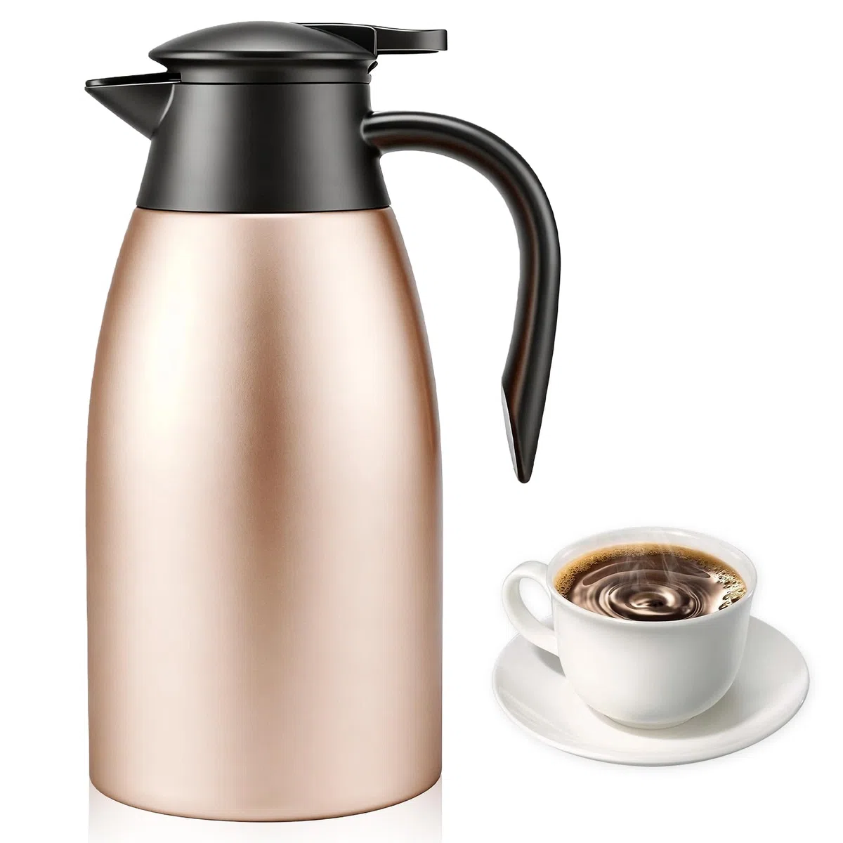 Thermos da 2 litri, thermos a doppia parete, isolamento sottovuoto, caffettiera isolata con manico e beccuccio, caffettiera per caffè caldo e freddo (colore oro rosa)