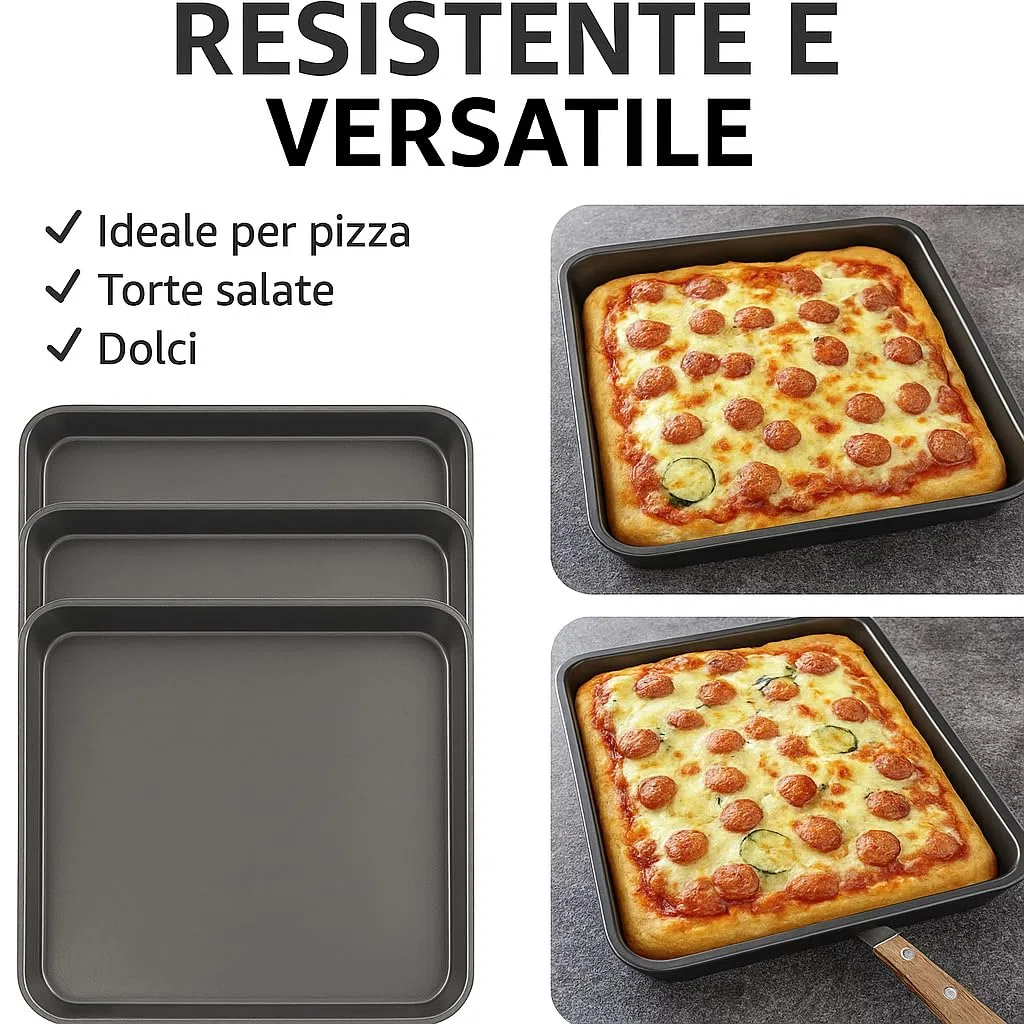 3 Tris teglia da forno pizza quadra quadrata cm 34x34x4,5h cm