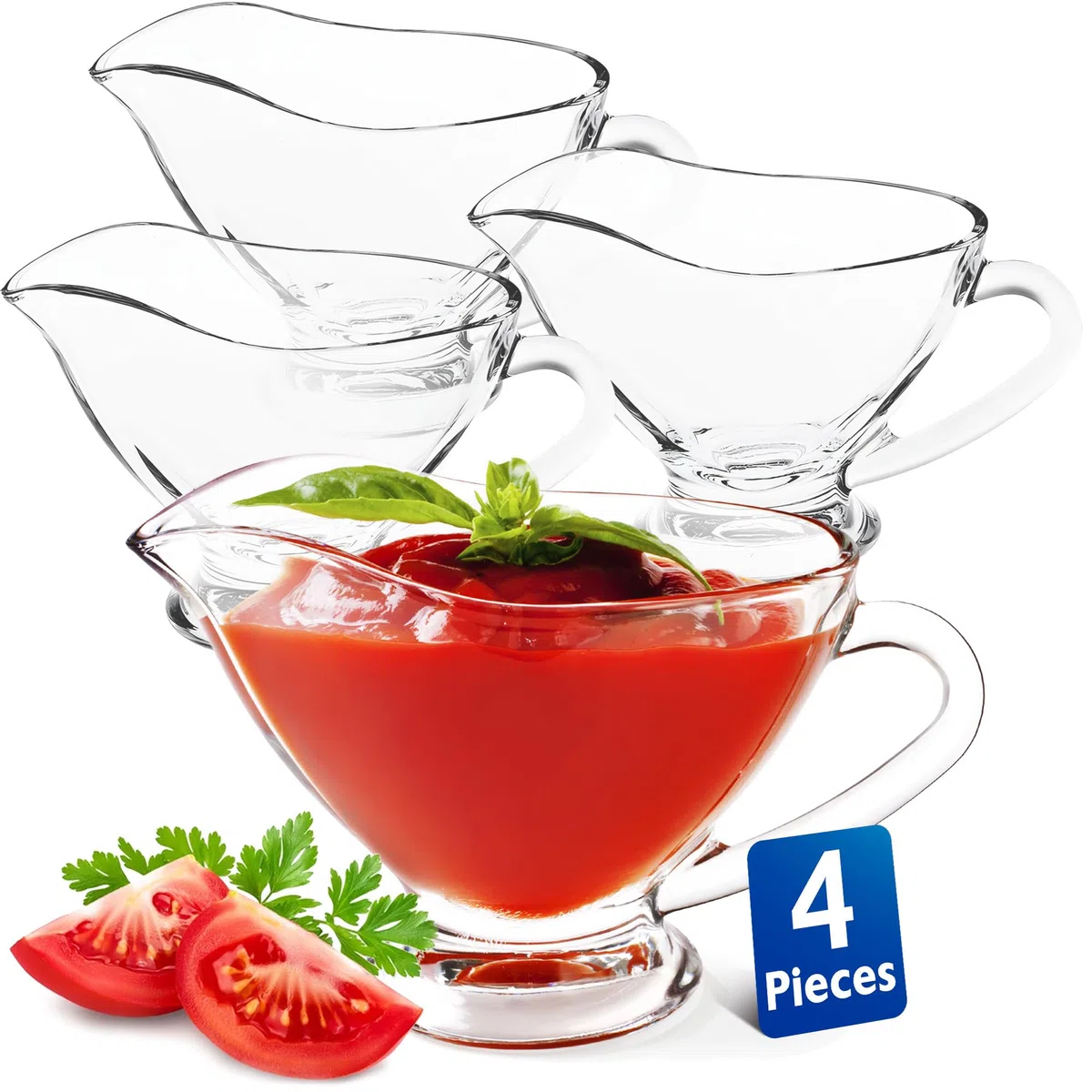 KONZEPT Salsiera in vetro, set da 4 pezzi, 160 ml, trasparente, con manico, stabile, ideale per condimenti, panna, salsa, olio d'oliva