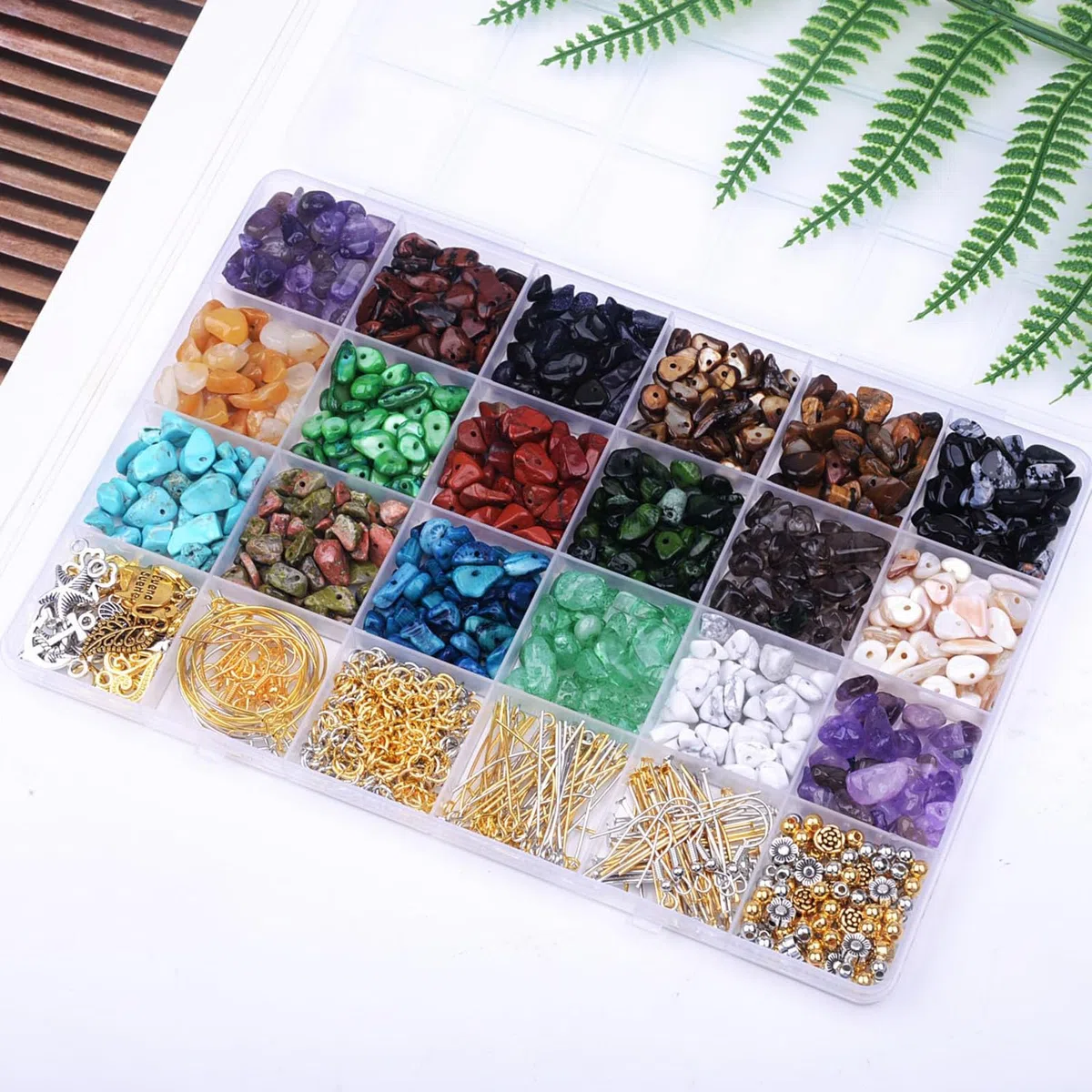Set di 1180 perline di pietra naturale con foro, per bracciali, collane, orecchini e anelli da infilare (perline di ciottolo)