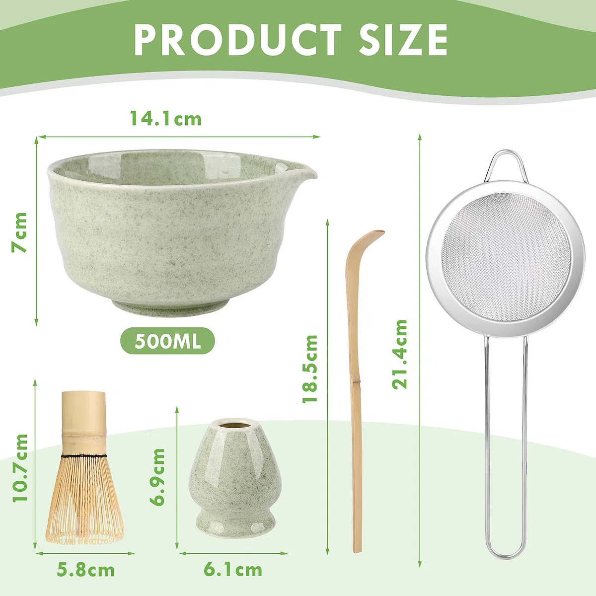 Euakee 5 Pezzi Matcha Kit, Matcha Whisk Set,Frusta Matcha, Ciotola Matcha, Supporto Chasen, Cucchiaio di Matcha, Setaccio Di Matcha, per La Casa, l'Ufficio e la Sala da Tè (Matcha Verde)
