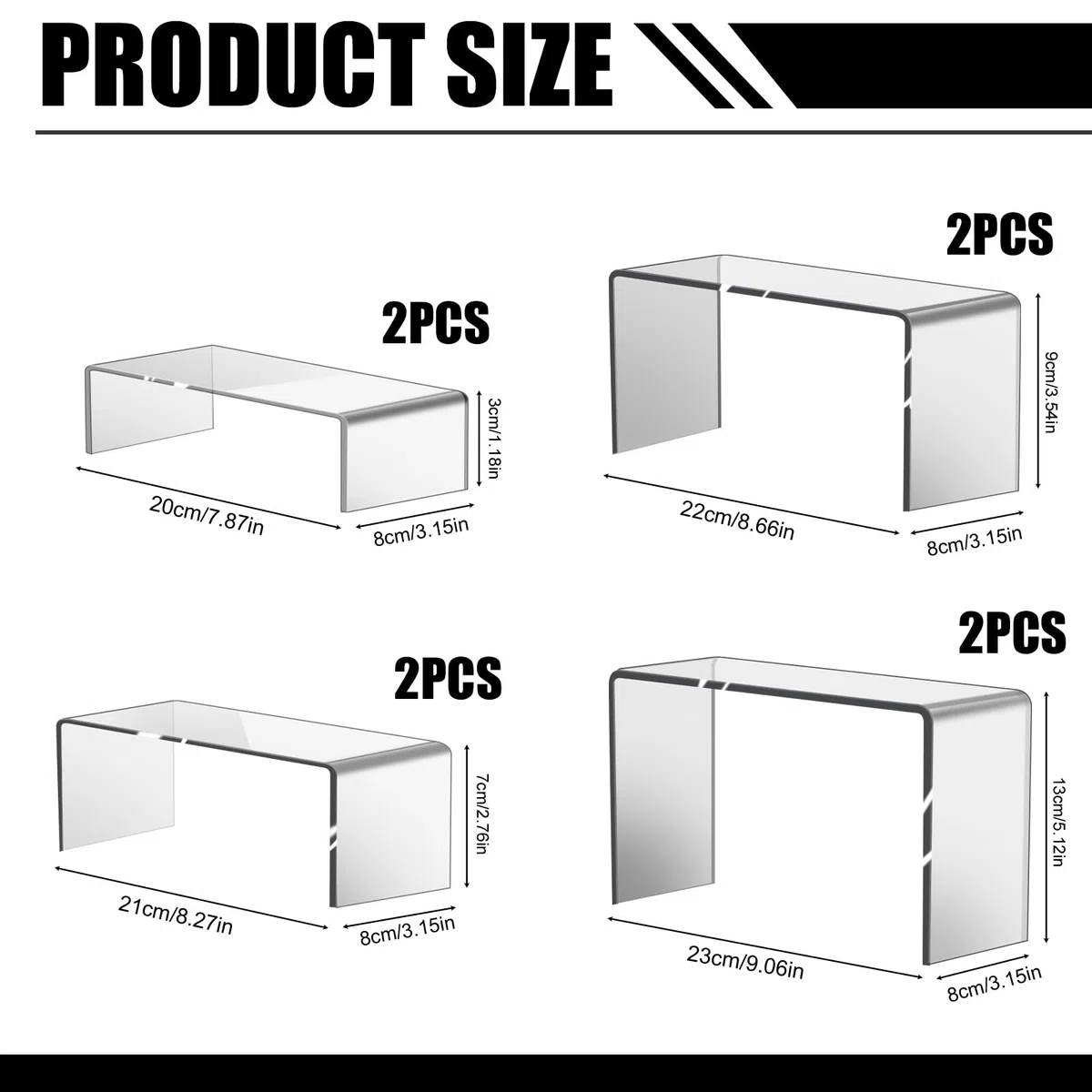 8 pezzi Trasparente Espositore Acrilico Supporto: 4 Misure Risers Acrilico Trasparente Rettangolare Espositore Display Stand Trasparente Riser Scaffale per Gioielli Collectibles Figurine
