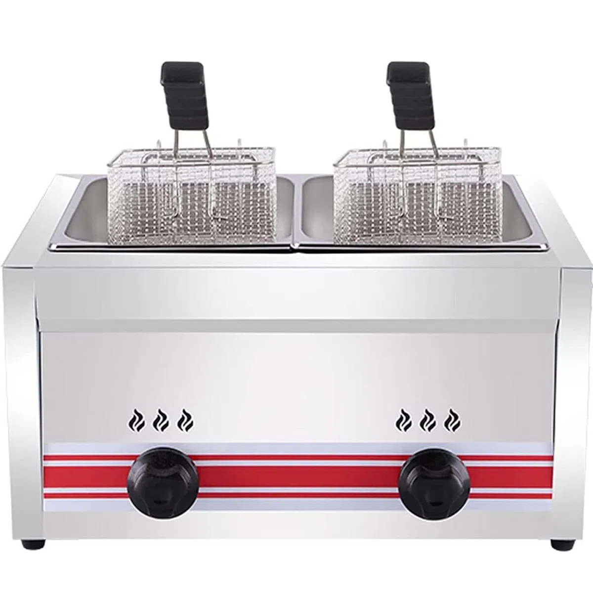Friggitrice A Gas Grande capacità 10l/20l/30l,Friggitrice in Acciaio Inossidabile,Friggitrice Multifunzione,con Cestini & Coperchio,per Cucina Domestica Commerciale,Doublecylinder10l+10l