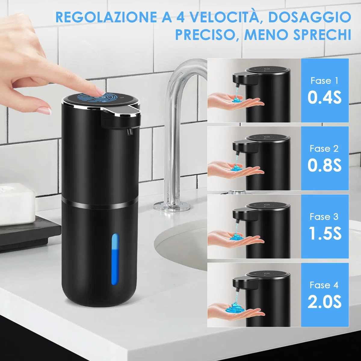 Dispenser Sapone Bagno, 380ml Dispenser Sapone Automatico, Dosatore Sapone Cucina Automatico con Sensore di Movimento Infrarossi, Usb Ricaricabile, Impermeabile IPX5, Per Bagno,Cucina (Nero)