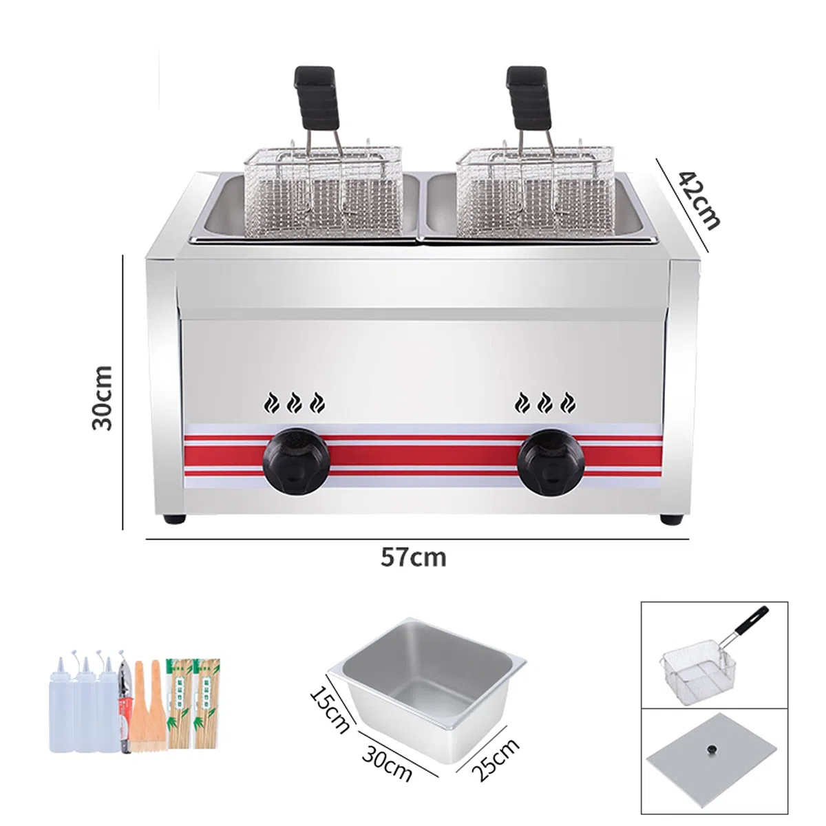 Friggitrice a gas, grande capacità, in acciaio inox, per uso domestico e commerciale, potenza di fuoco regolabile, include cestini e coperchi per patatine, ciambelle e pesce