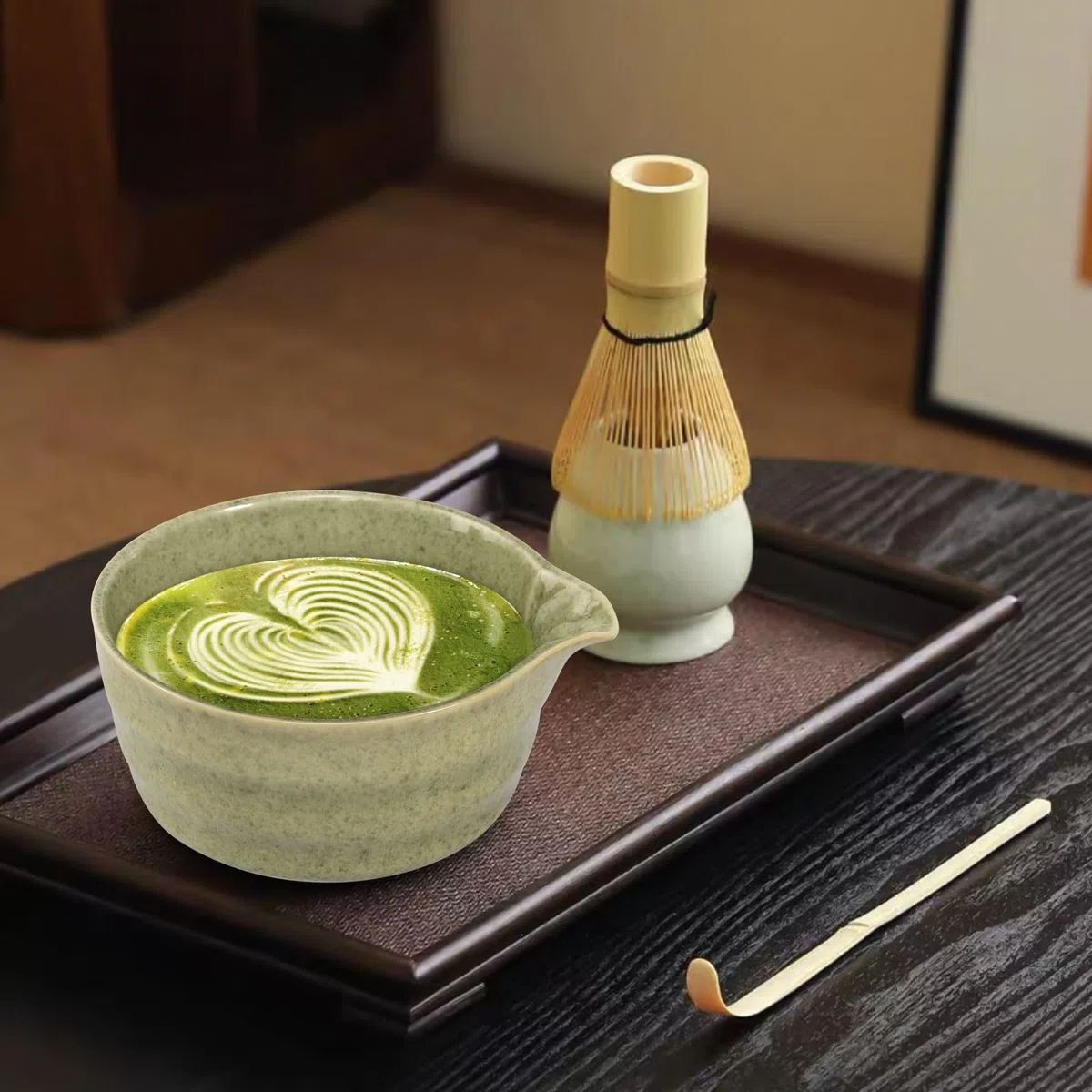 GOSHIES Set da Tè Matcha da 5 Pezzi con Ciotola per Matcha, Frullatore, Cucchiaio per Matcha, Spazzola per Matcha, Supporto per Frullatore Matcha, Verde