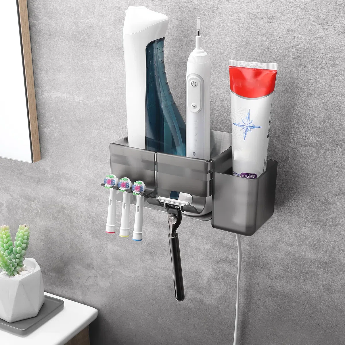Portaspazzolino per spazzolino elettrico con 3 accessori da bagno, supporto per spazzolino in acciaio inossidabile da parete autoadesivo, supporto per testine argento senza foratura