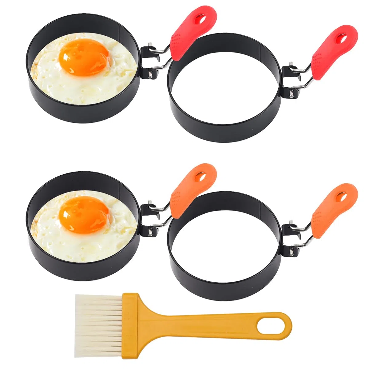4 Pezzi Stampo Pancake 7.6cm con Maniglia Pieghevole Anelli per Uova in Acciaio Inox con Manici Pieghevoli in Silicone e Spazzola per Olio Stampo per Pancake per Omelette Frittelle Dolci Muffin