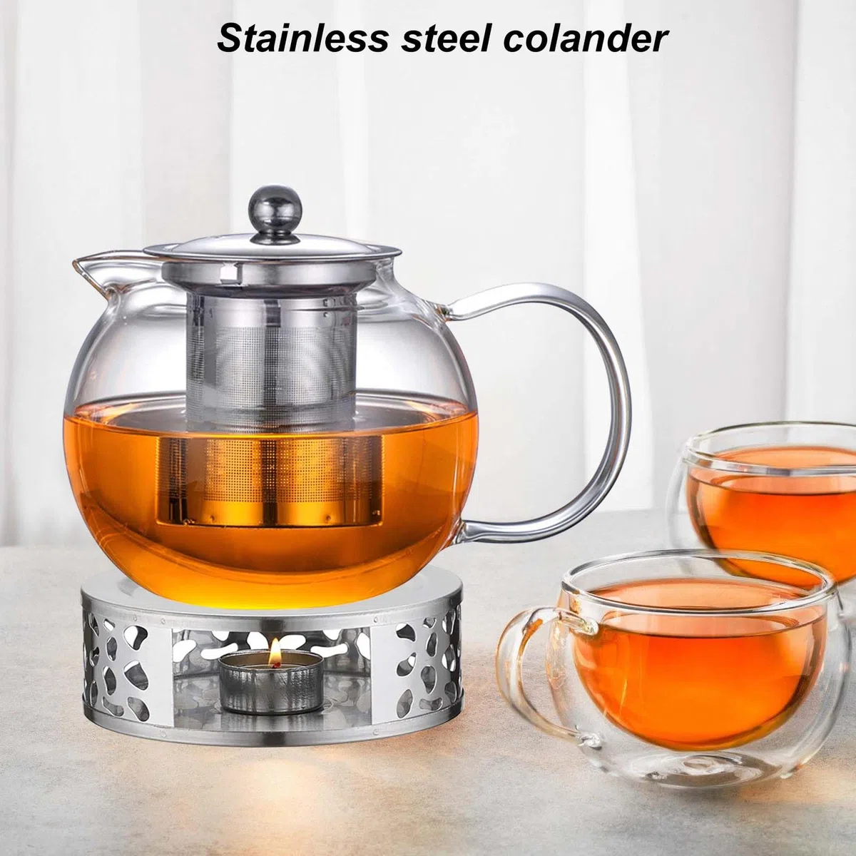 Teiera in vetro con fornellino, 1300 ml, teiera in vetro borosilicato con inserto in acciaio inox e coperchio rimovibile, incluso forno per tutti i tipi di tè (tè alle erbe, tè alla frutta, tè verde)