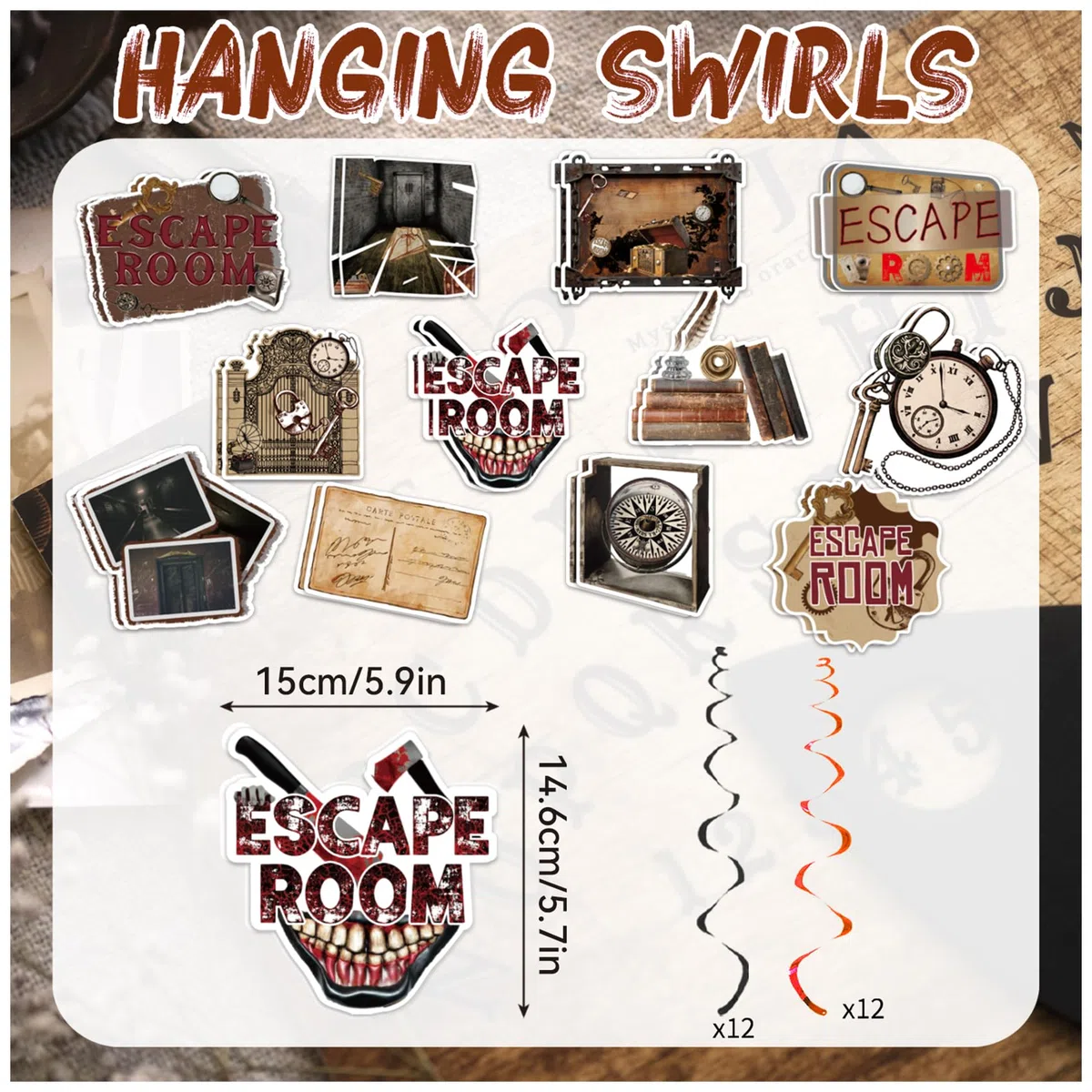 24 pezzi Escape Room appeso girelle Escape Room Spirale Soffitti Decorazioni da appendere per Escape Room Party Supplies Decorazioni Compleanno