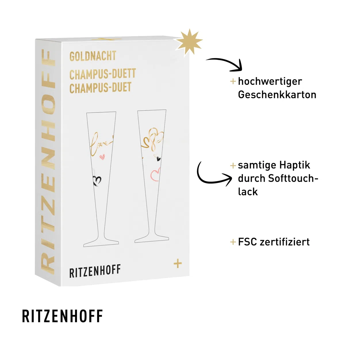 RITZENHOFF 6031004 Bicchiere da champagne 200 ml - Serie Goldnacht Duett 2023-2x pezzo di design con oro vero - Made in Germany