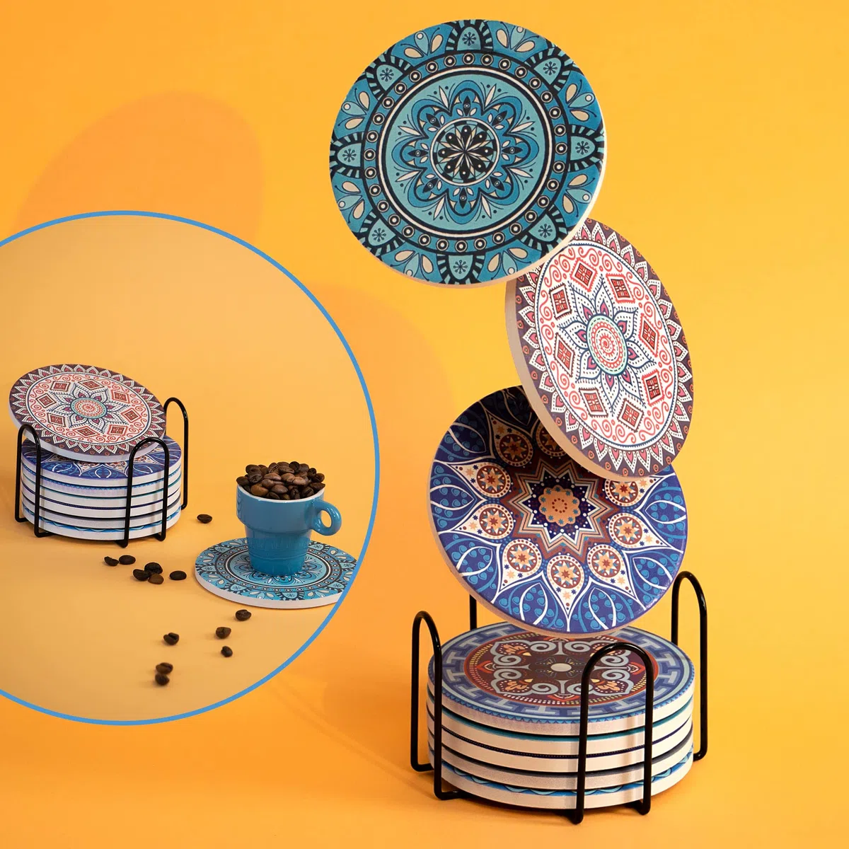Set di 9 sottobicchieri con Supporto in Metallo - Sottobicchieri in Ceramica con Motivo Mandala e Retro in Sughero - Sottobicchieri Rotondi (8 Pezzi - sottobicchieri + Supporto)