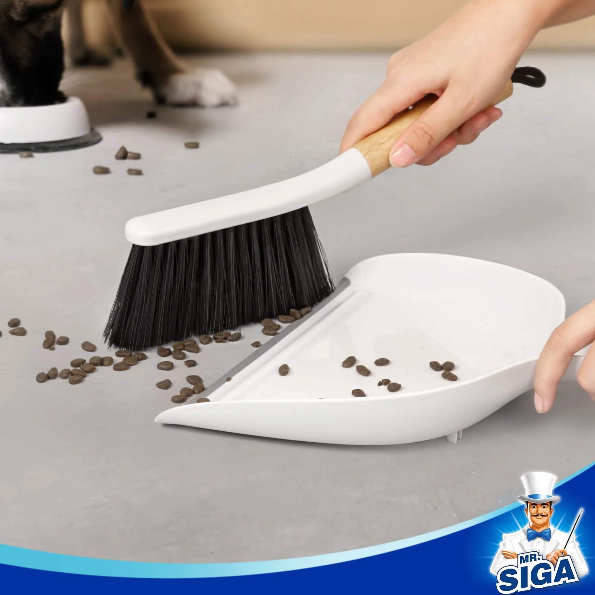 MR.SIGA Set di paletta e spazzola, combinazione di spazzola per la pulizia portatile e paletta con manico in bambù, 1 set