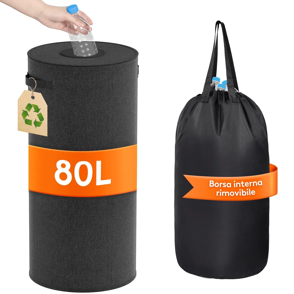 Lifewit 80L Rotonde Conservazione Delle Bottiglie con Coperchio, Pattumiera Differenziata per Bottiglia Plastica e Bottiglia Vetro, Raccolta Riciclaggio con Foro, Pattumiera Cucina, Nero
